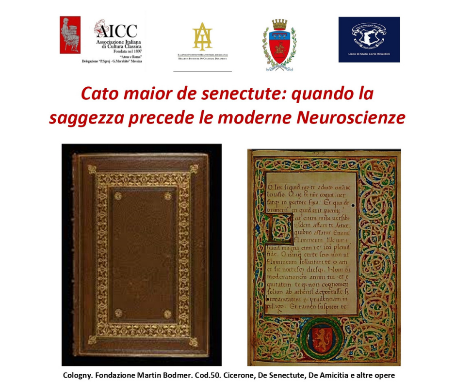 Titolo dell'incontro: Cato Maior de senecture: quando la saggezza precede le moderne neuroscienze. Copetina e pagina interna del testo